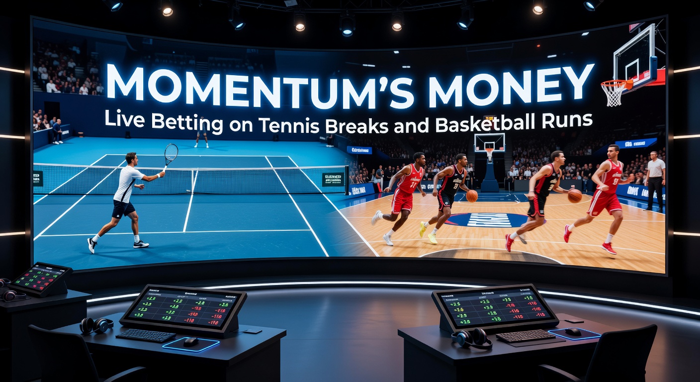 Ein dynamisches Bild von einem Tennis-Spieler beim Break-Versuch und Basketball-Spielern in einer Run-Phase, das den Schwung im Live-Wettenkontext einfängt
