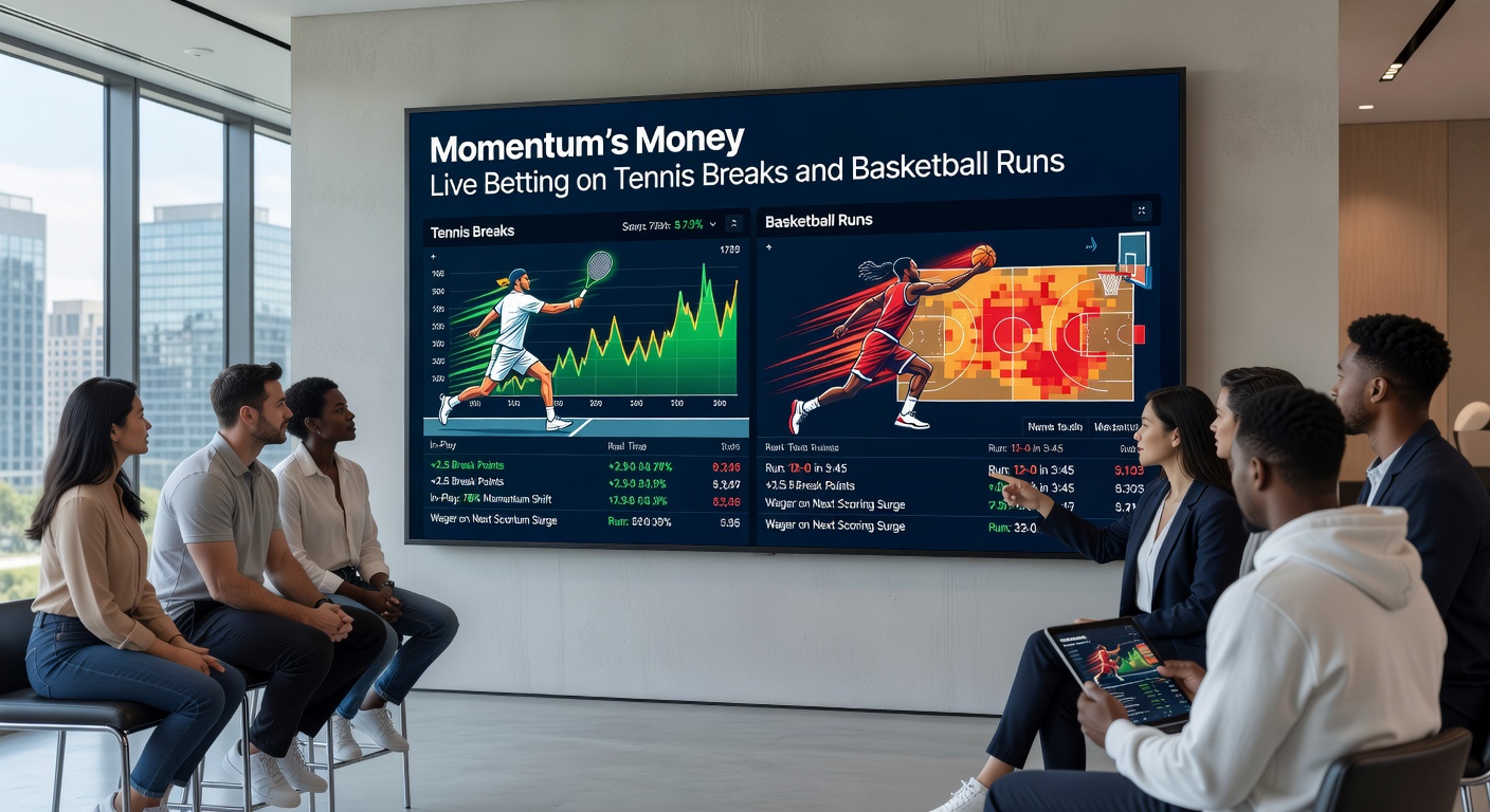 Grafik mit Statistiken zu Tennis-Breaks und Basketball-Runs, inklusive Charts zu Momentum-Phasen in Live-Matches