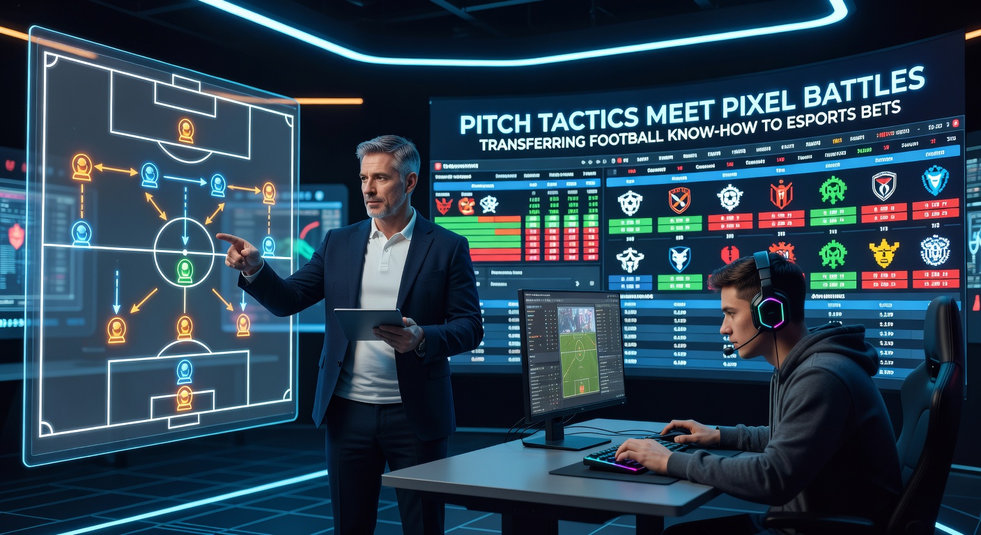 Fußballspieler auf dem Rasen kontrastiert mit Esports-Gamern an Bildschirmen, symbolisiert den Transfer taktischen Wissens