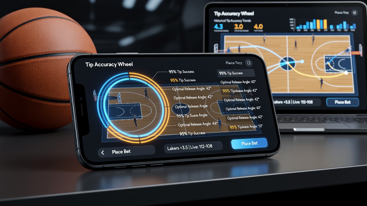Mobile App-Oberfläche mit Radsequenzen und Basketball-Tipps
